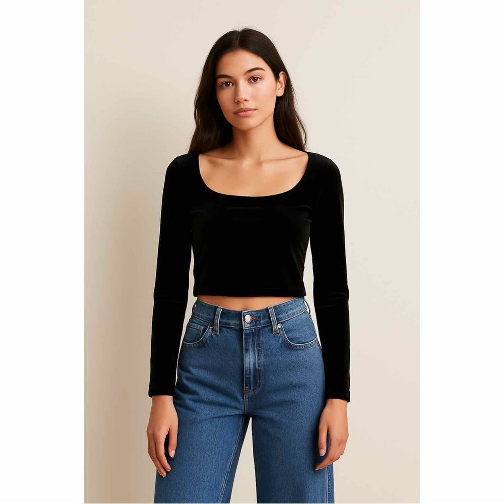 Vintage Y2K Jessica Mclintock black velvet scoop neck crop top Large‎ fall goth